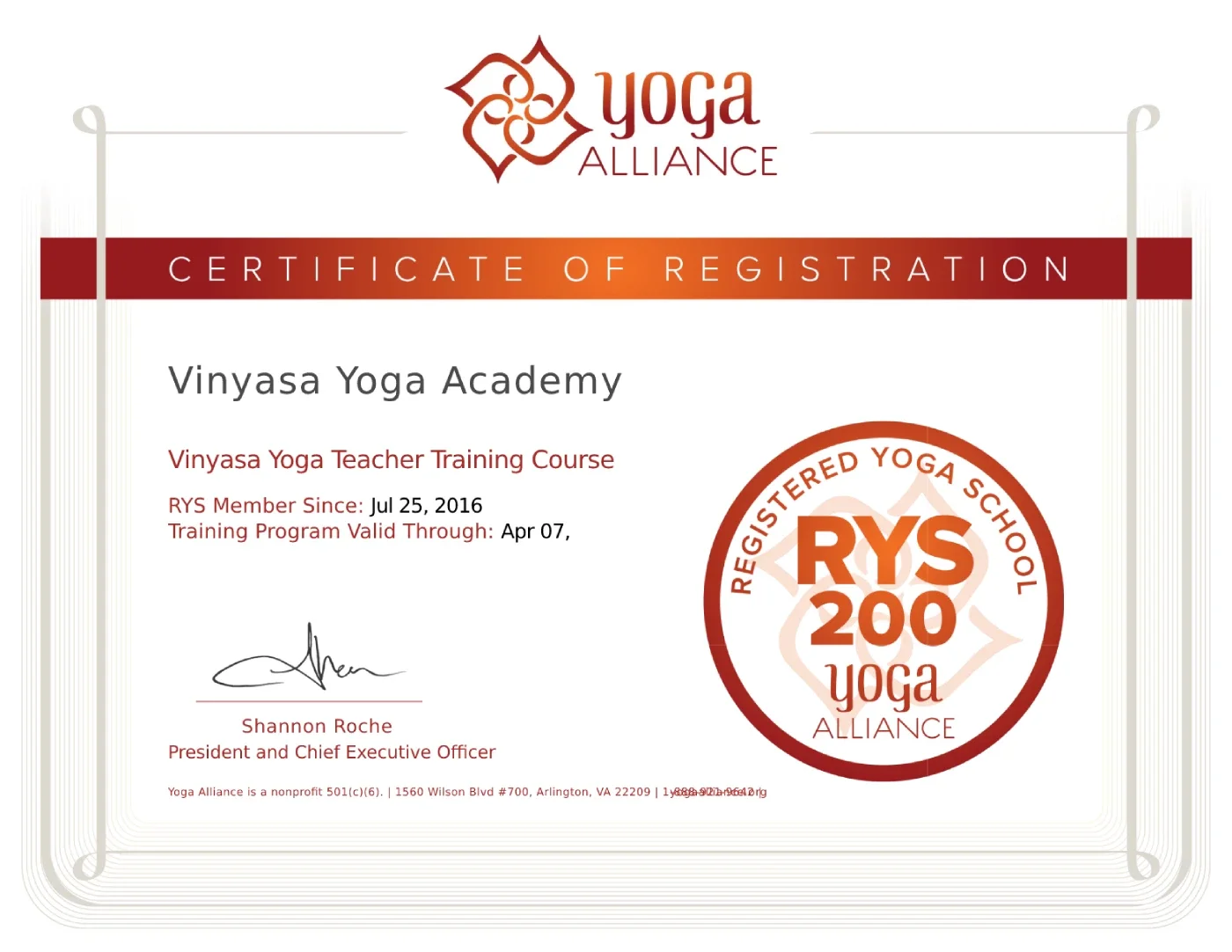 RYS 200 Yoga Alliance Certificate
