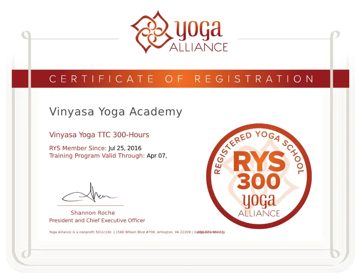 RYS 300 Yoga Alliance Certificate