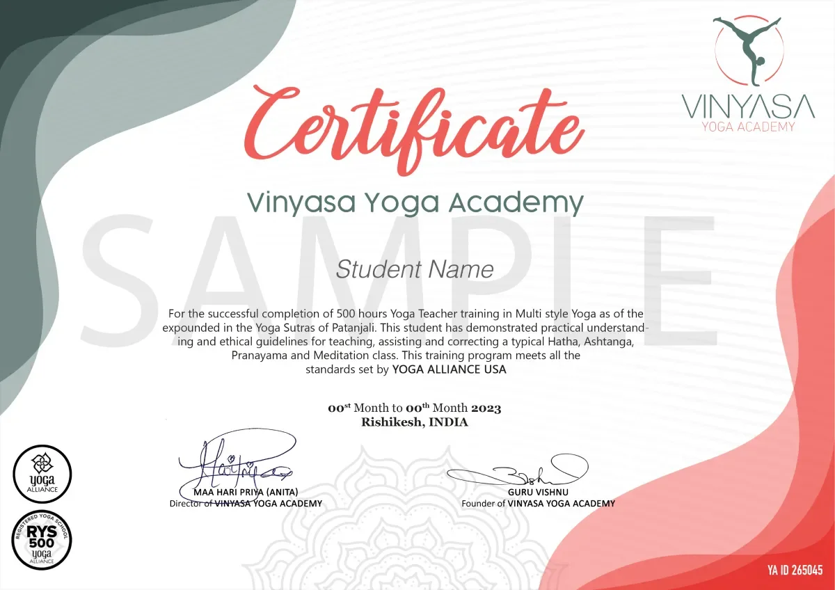500 Hour Yoga Teacher Training RYT 500 completion certificate issued by Vinyasa Yoga Academy
