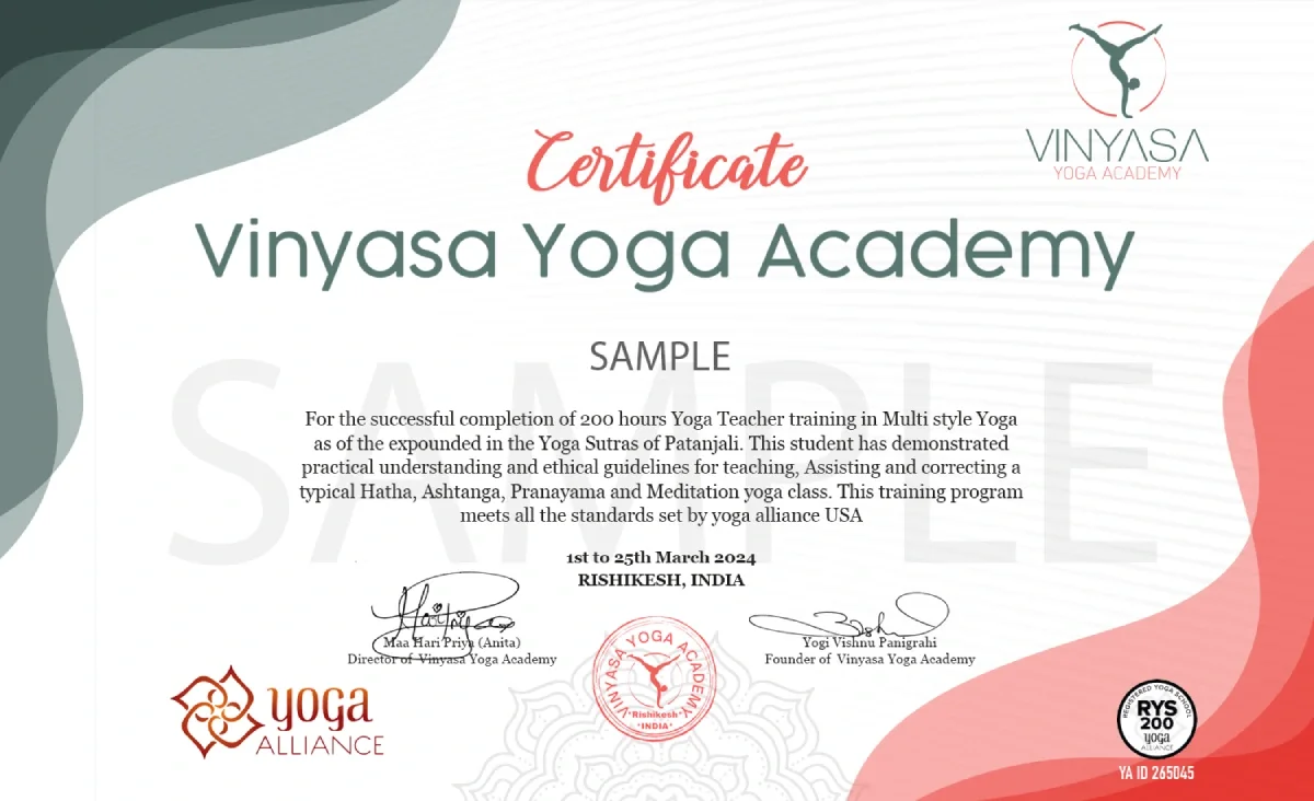 Sample student certificate awarded by Vinyasa Yoga Academy